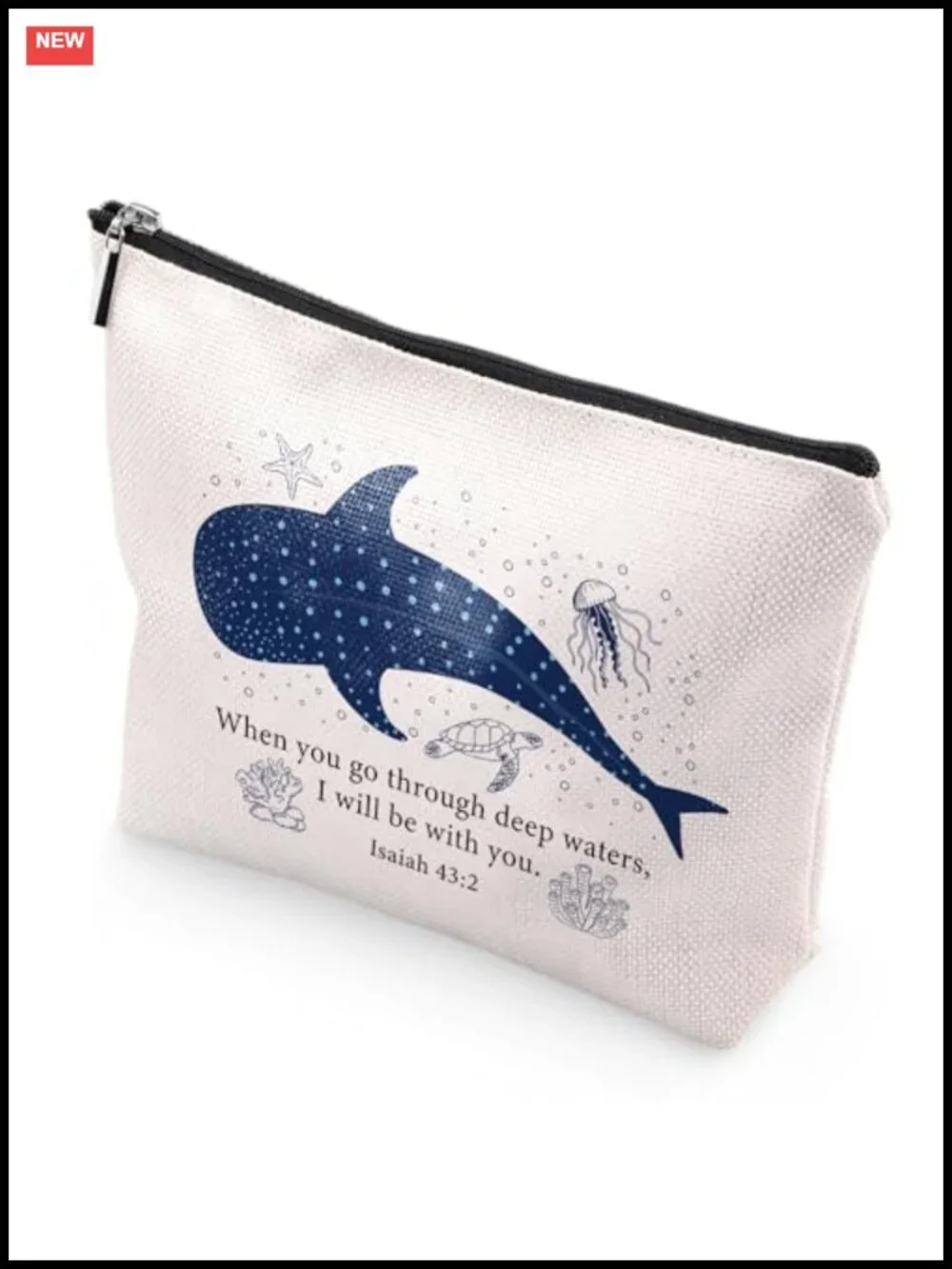 Cotton Makeup Bag with Bible Verse, Whale Shark Print, Travel Cosmetic Pouch